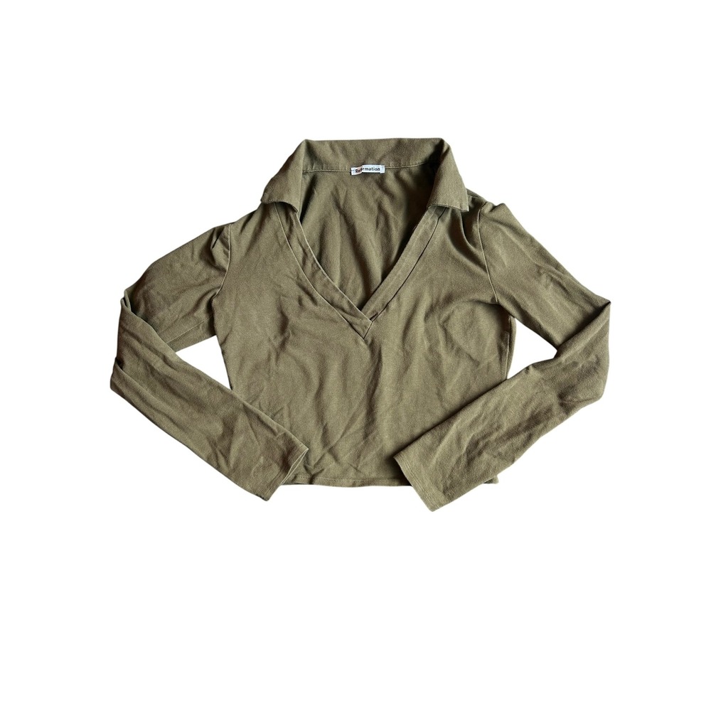 Reformation Olive Green Polo V-Neck Long Sleeve Crop Top Women's Medium‎